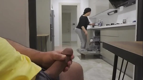 Stepmom caught me jerking off while watching her big ass in the Kitchen.