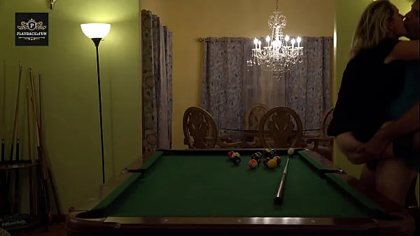 Hot MILF wife gets a hard handling on pool table. Huge tits rocking.