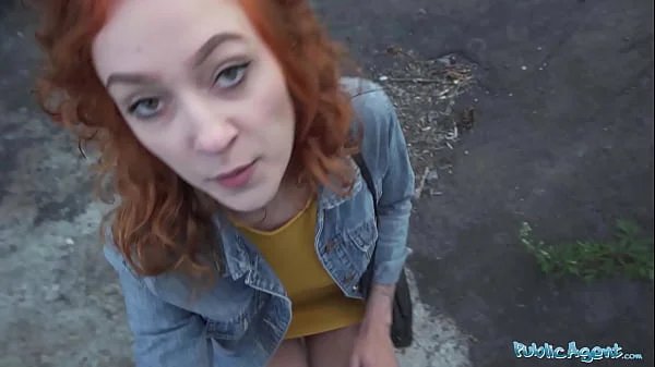 Public Agent Sexy redhead waitress sucks cock and gets fucked doggystyle outside in public