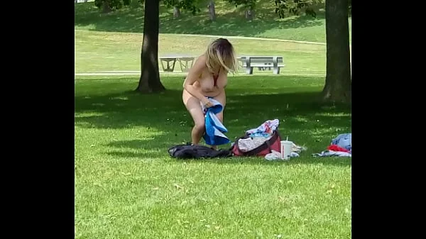 Voyeur Cam. Busty Bombshell Flashing Huge Tits in Public Park