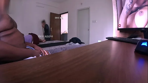 Watching porn and masturbating infront of maid while wife sleeping