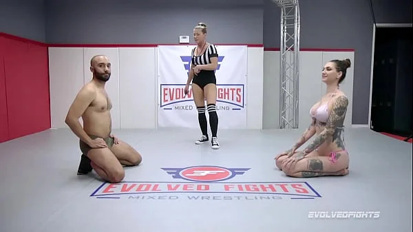 Naked wrestling man against women as Rocky Emerson battles Oliver Davis and is fucked hard