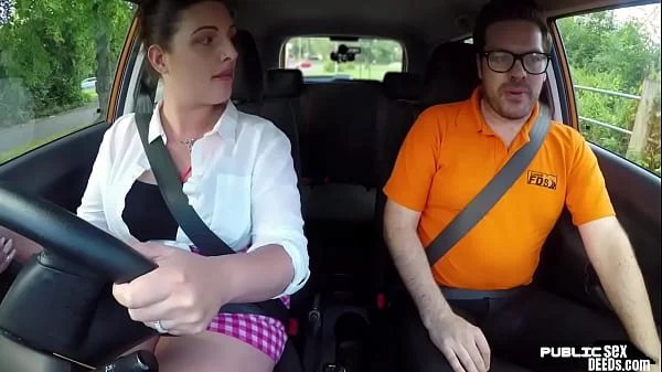 Chubby english driving student fucks in public