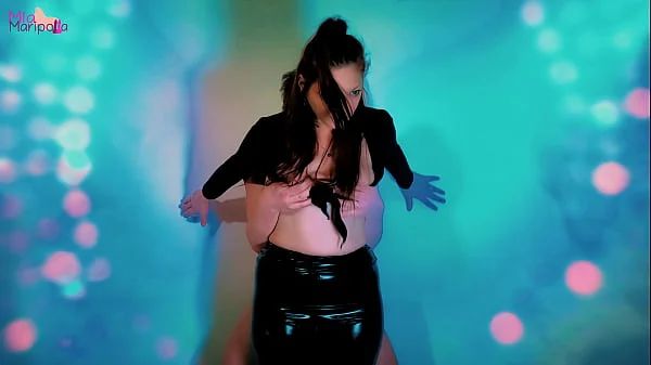 Hot Belly Dancing Disco Thigh Job in Latex Pants Makes him Cum Hard