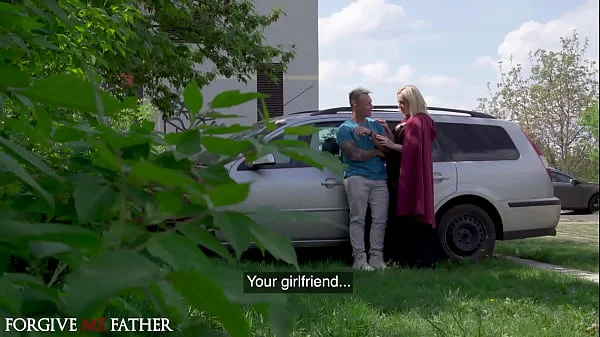 Busty Blonde MILF with a big ass seduces a muscular guy to fuck her in a van
